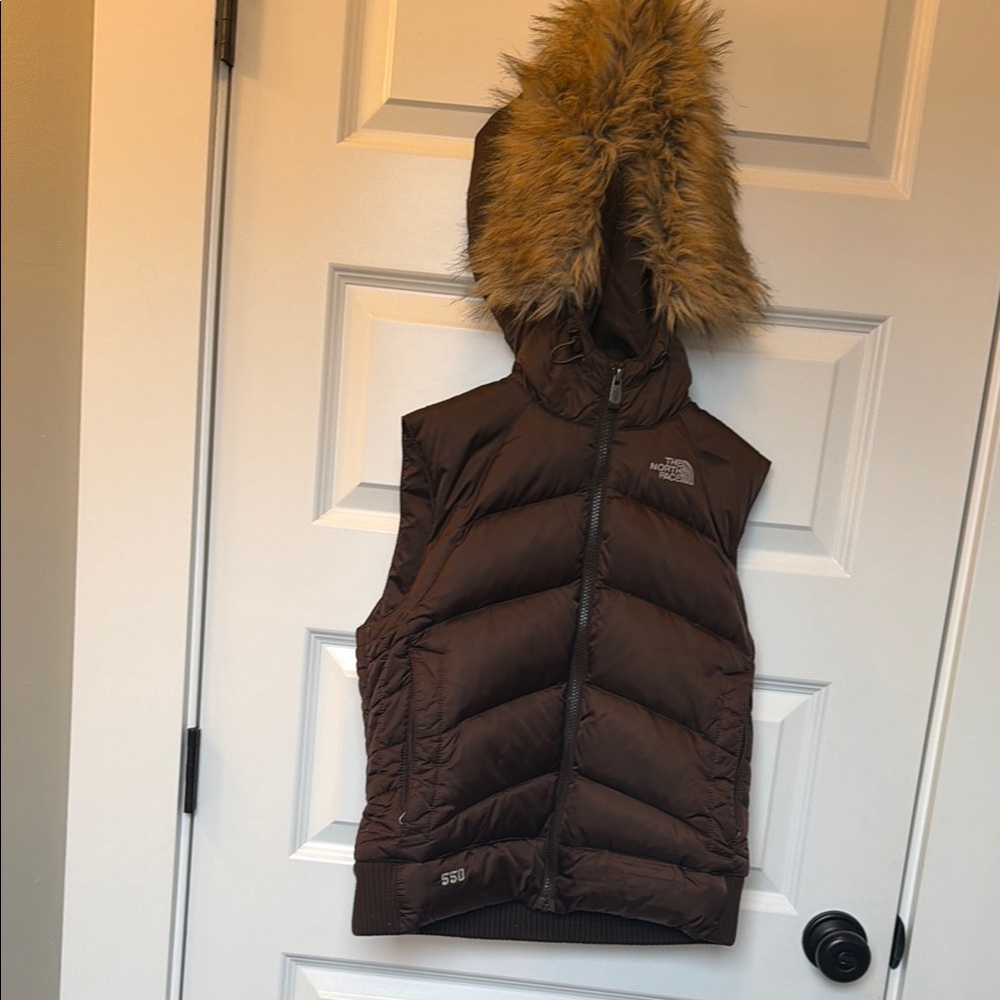 The North Face Brown Puffer Vest with Faux Fur Hood